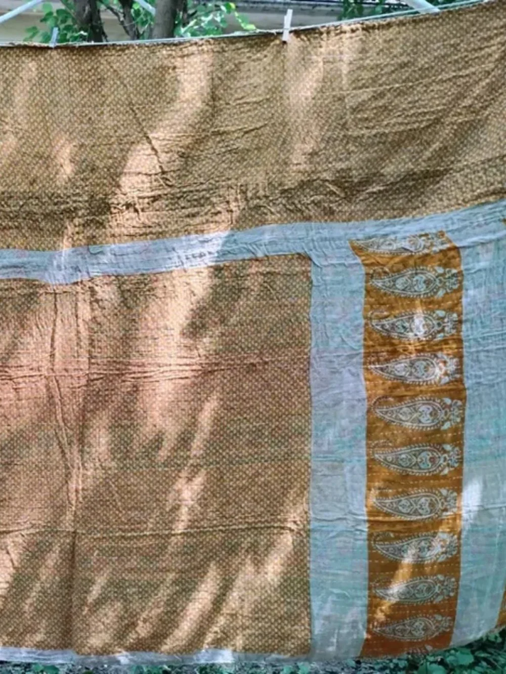 Kantha Quilt Tangerine Gray Red Marigold Premium 3 Layer Cotton New K192.
